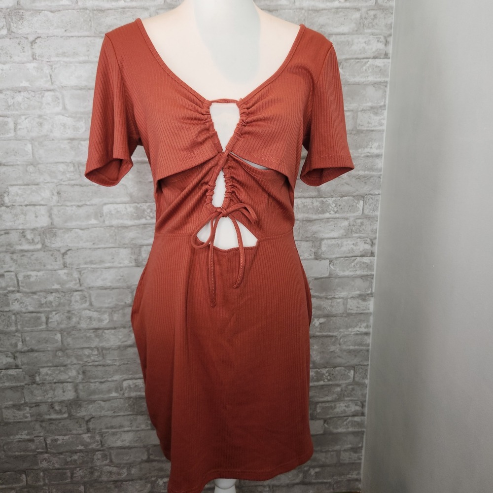 Minkpink Darling Cut Out Mini Dress Ribbed Front Tie Boho Earthy Bodycon Large